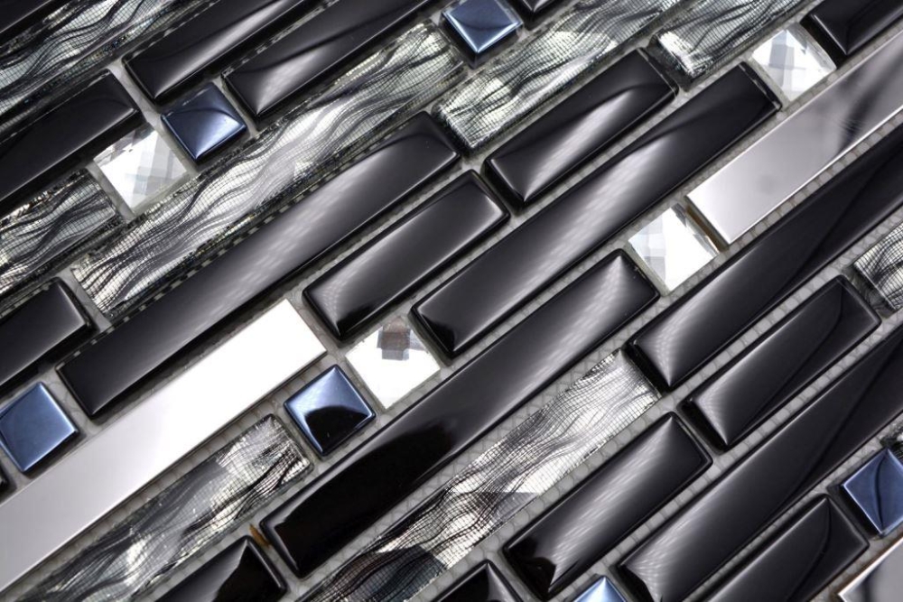 Glasmosaik Stäbchen Riemchen Edelstahl Schwarz Grafit Fliesenspiegel - 86-0302