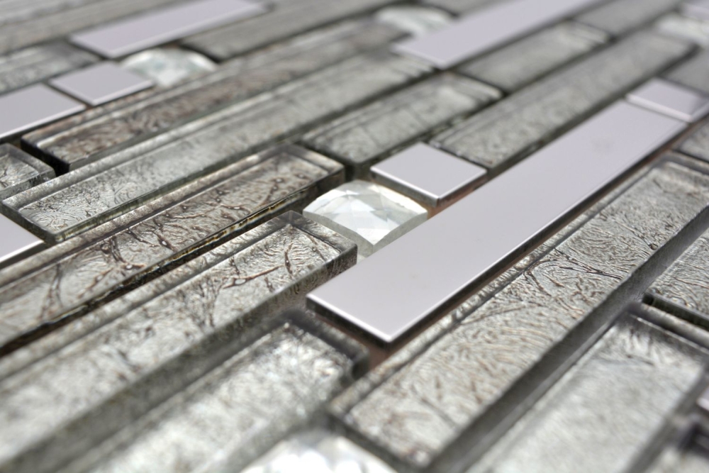 Glasmosaik Stäbchen Riemchen Edelstahl Cream Silber Changierend - 86-0106