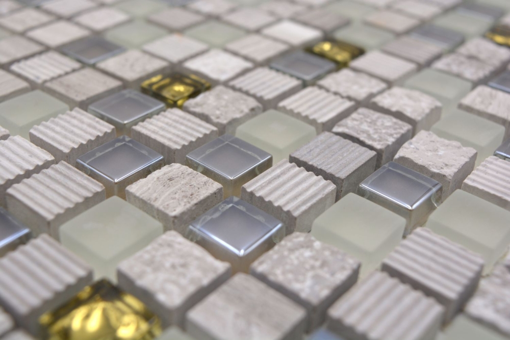 Mosaique de verre Pierre naturelle gris clair brillant gold cream structure 92-HQ12