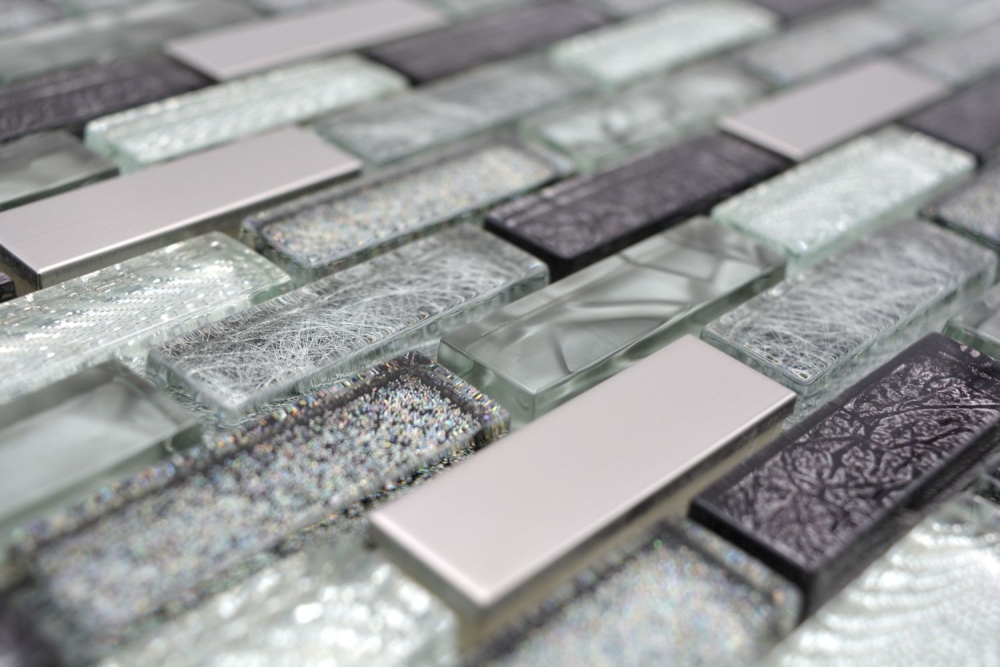 Glasmosaik Stäbchen Riemchen silber grau schwarz Glitzer Fliesenspiegel - 87-IL017