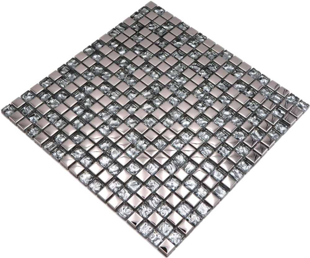 Mosaik Fliese Glasmosaik Silber Klar Fliesenspiegel Wand Küche Badfliese - 92-0218