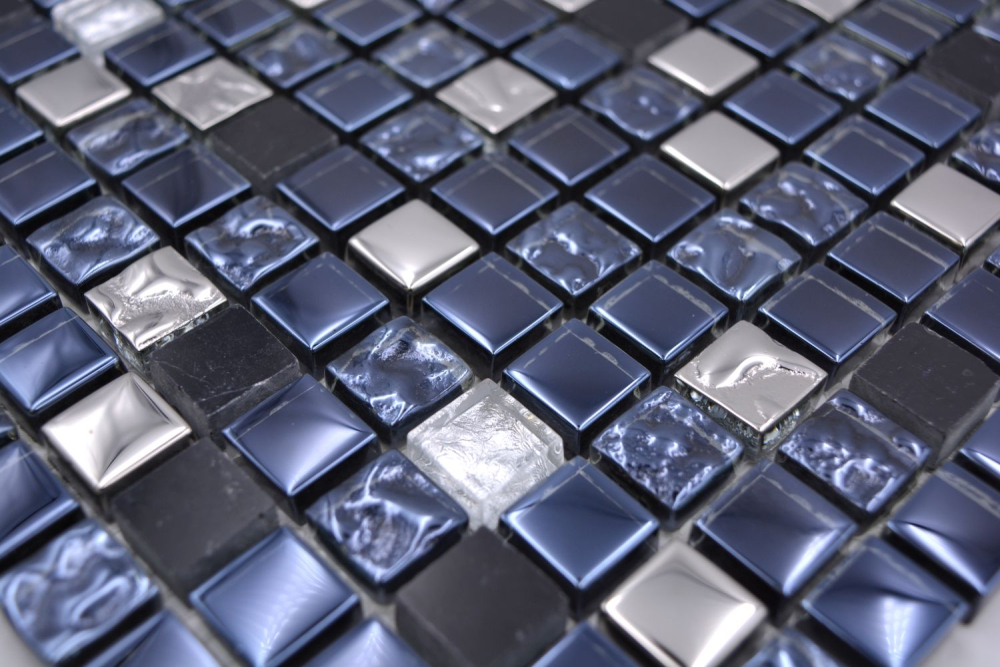 Mosaico mezcla piedra translucida negro con plata brillante - 10 hojas de mosaico