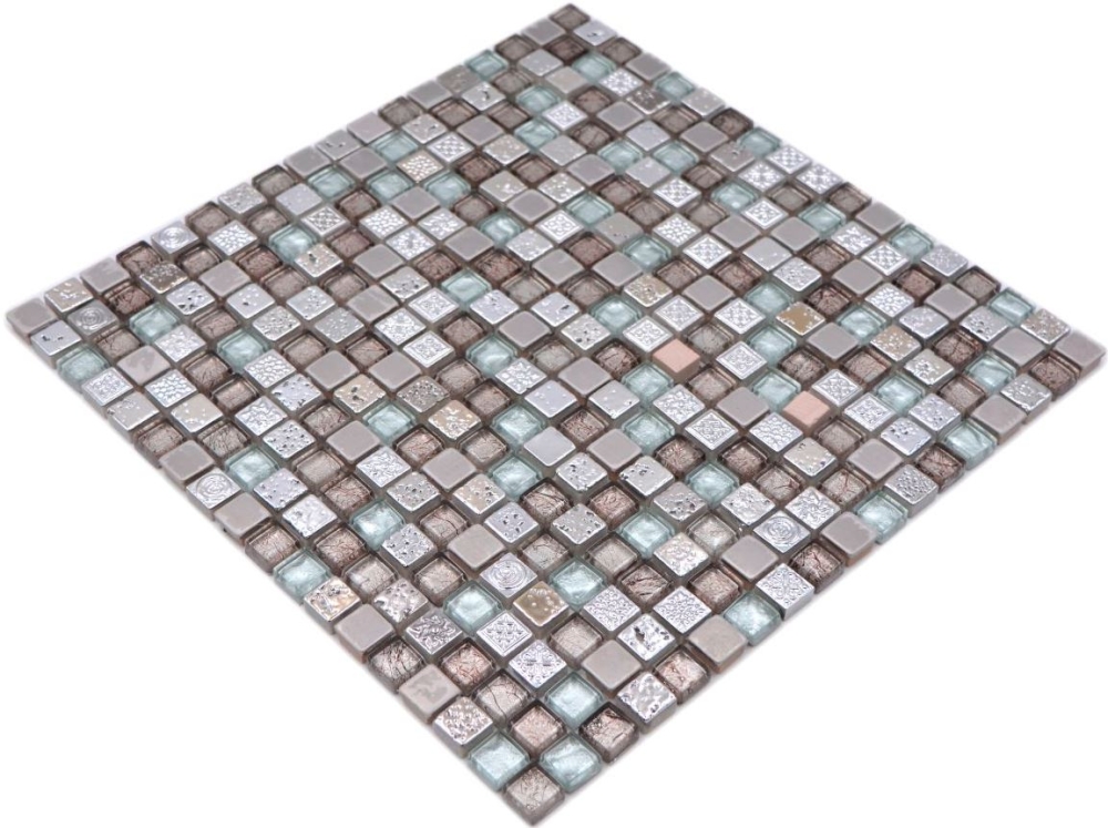 Mosaico de vidrio piedra natural resina acero inoxidable ornamento rustico plata crema gris - 92-680 - Kopie