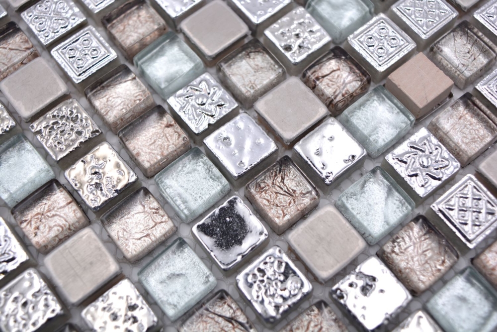 Mosaique de verre Pierre naturelle Resine Acier inoxydable Ornement rustique argent cream gris - 92-680