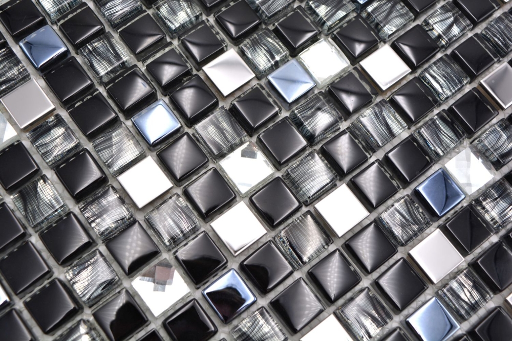 Mosaico cuadrado mosaico de vidrio mezcla de acero negro mezcla de vidrio translucido acero inoxidable brillante
