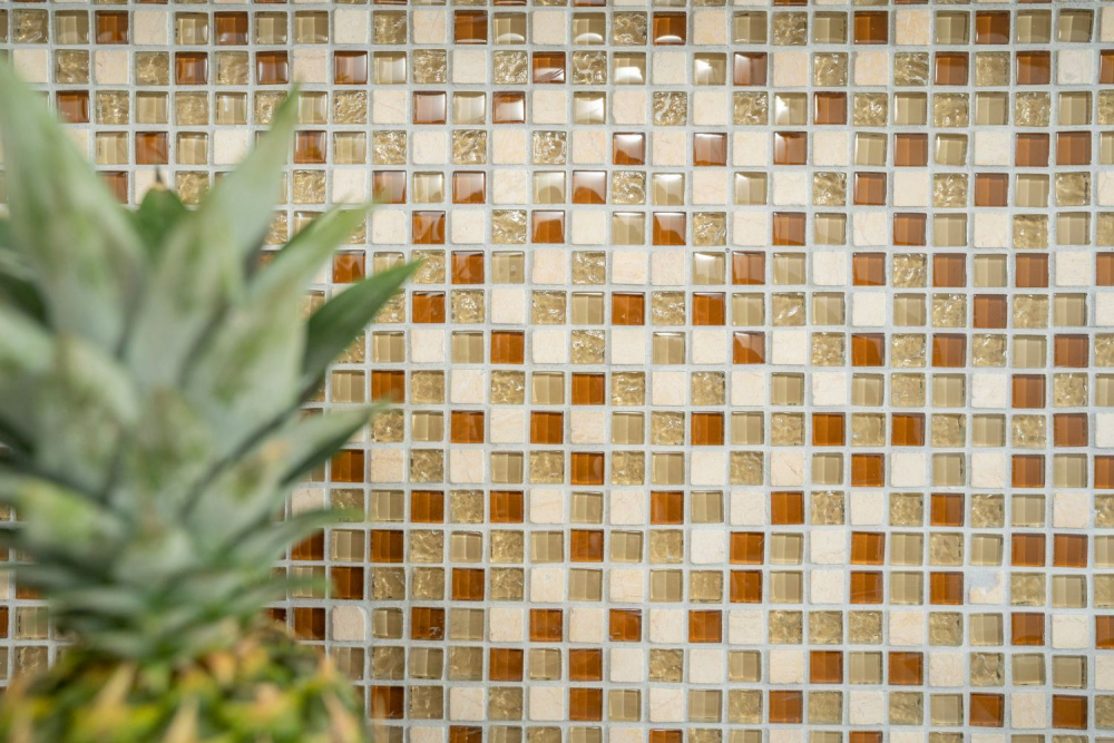 Mosaico cuadrado de vidrio mosaico de piedra mezcla beige mezcla translucido brillante