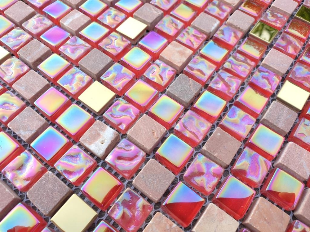 Mosaico cuadrado vidrio mosaico piedra acero mezcla rojo rosa oro mezcla translucido acero inoxidable brillante