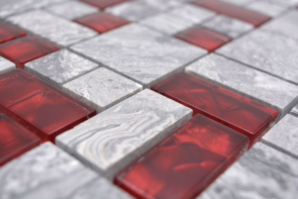 Mosaique Mix Optique Translucide Pierre grise avec rouge brillant - 10 feuilles de mosaique