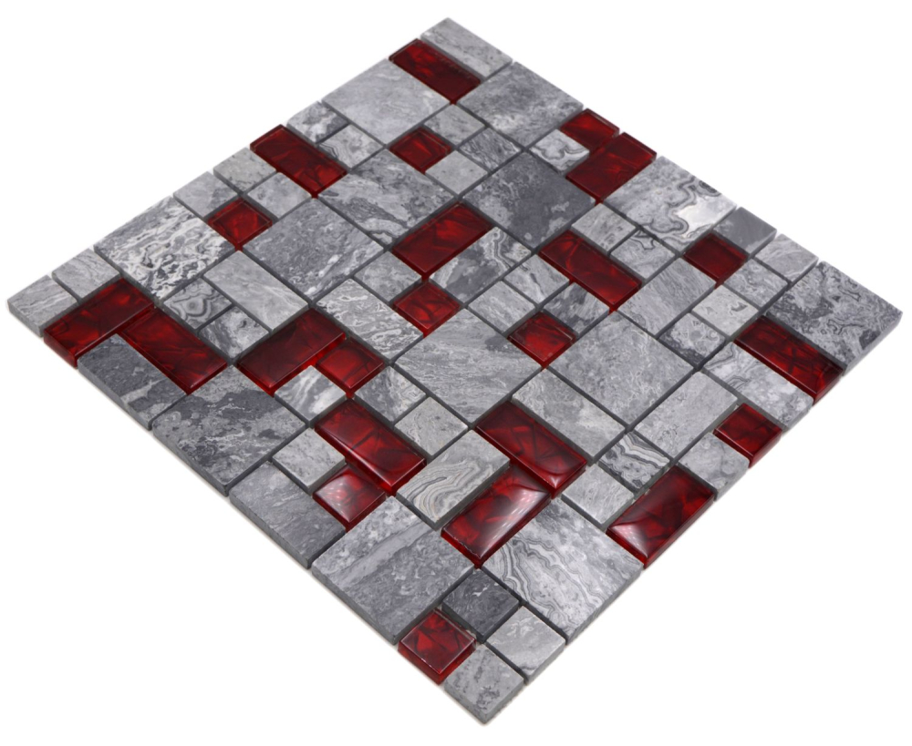 Mosaique Mix Optique Translucide Pierre grise avec rouge brillant - 10 feuilles de mosaique