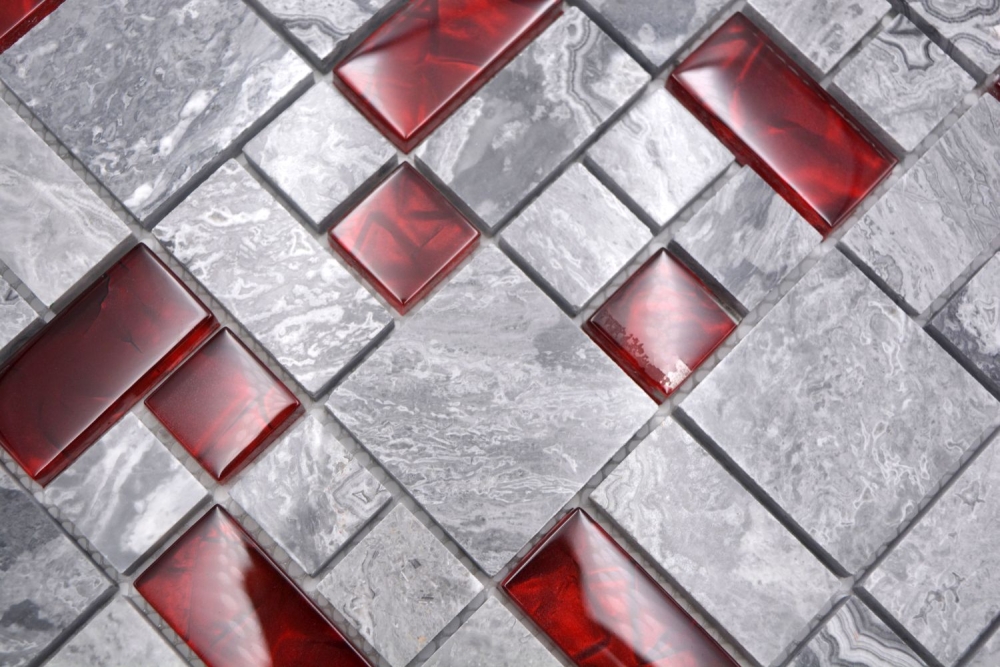 Mosaique Mix Optique Translucide Pierre grise avec rouge brillant - 10 feuilles de mosaique