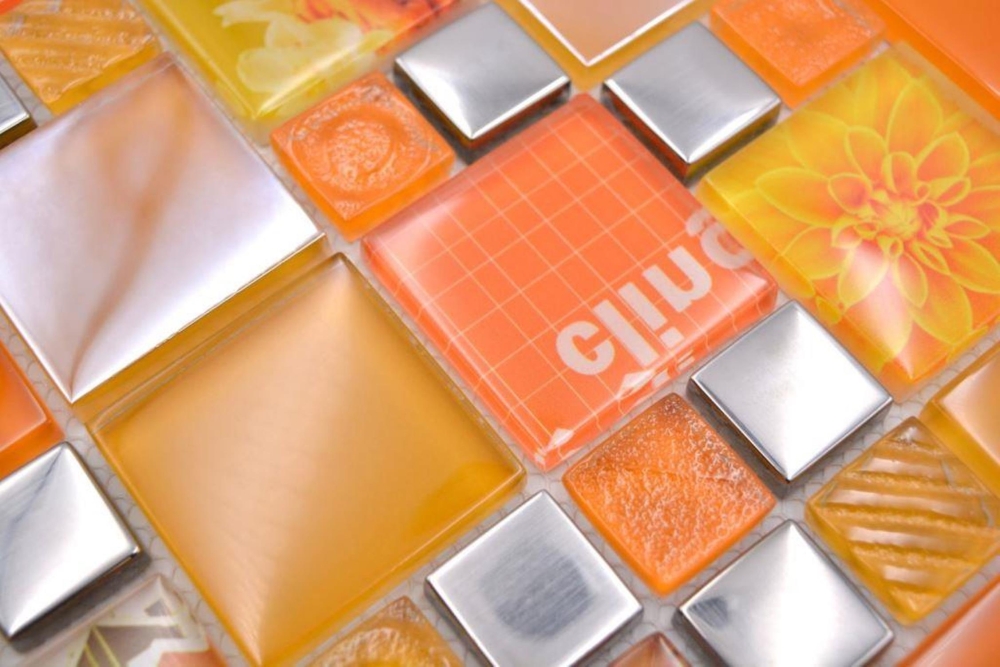 Mosaique de verre Carreau argente orange fonce jaune soleil - 88-0817