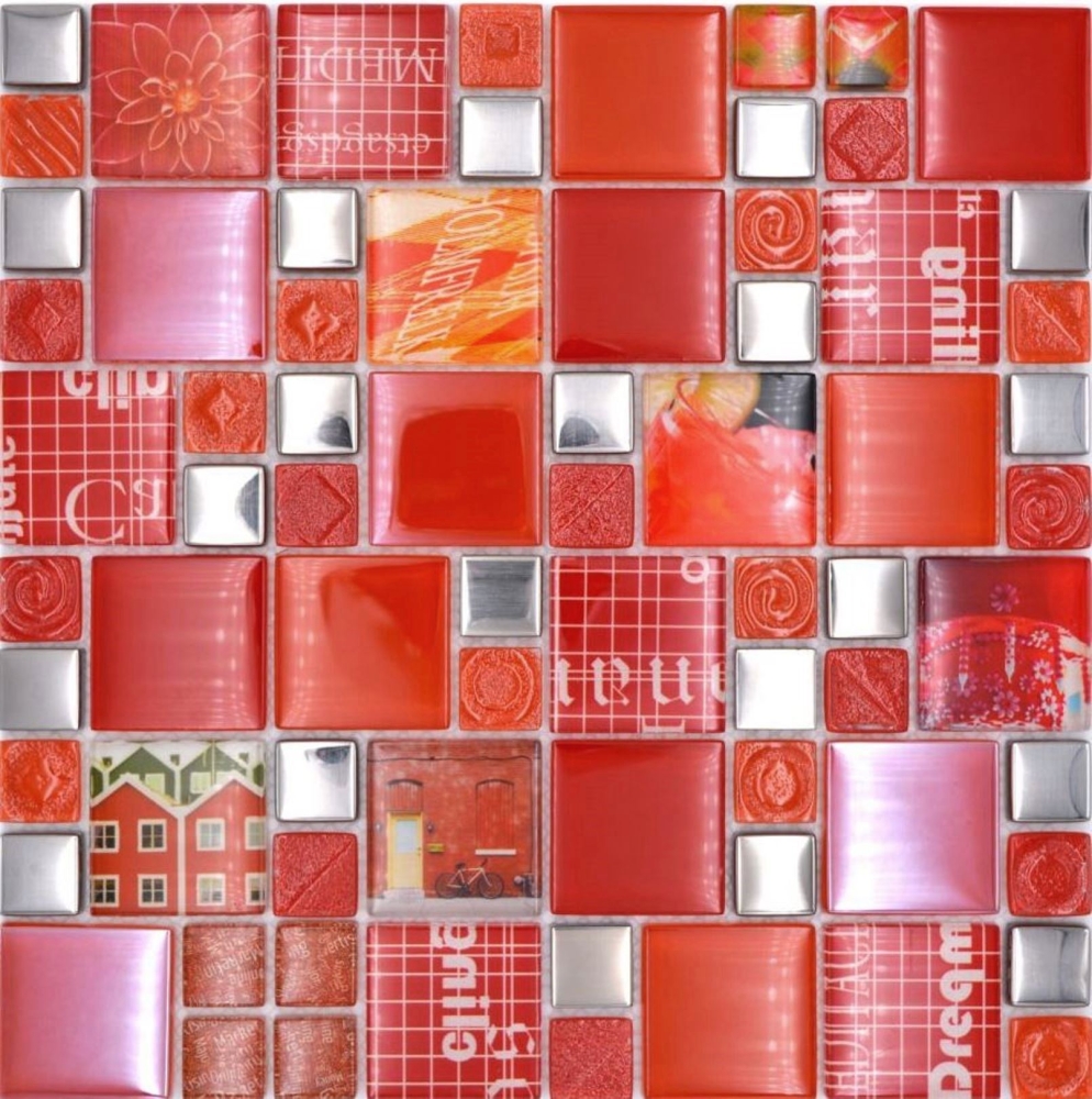 Glasmosaik Mosaikfliese Silber Rot Weiß Lachsrot Fliesenspiegel - 88-0917