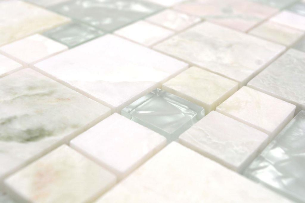 Pierre naturelle Mosaique de verre Marbre Carreaux de mosaique gris clair gris-vert blanc avec piqure Carreaux muraux - 88-MC639