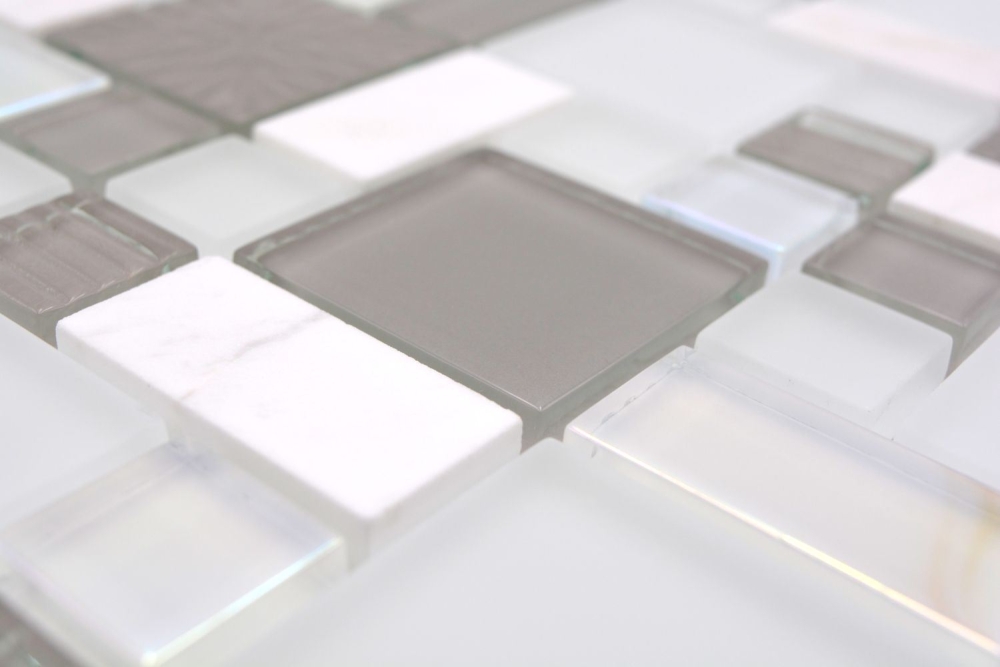 Mosaico combinacion vidrio mosaico piedra mezcla blanco mate gris mezcla translucido combinacion look