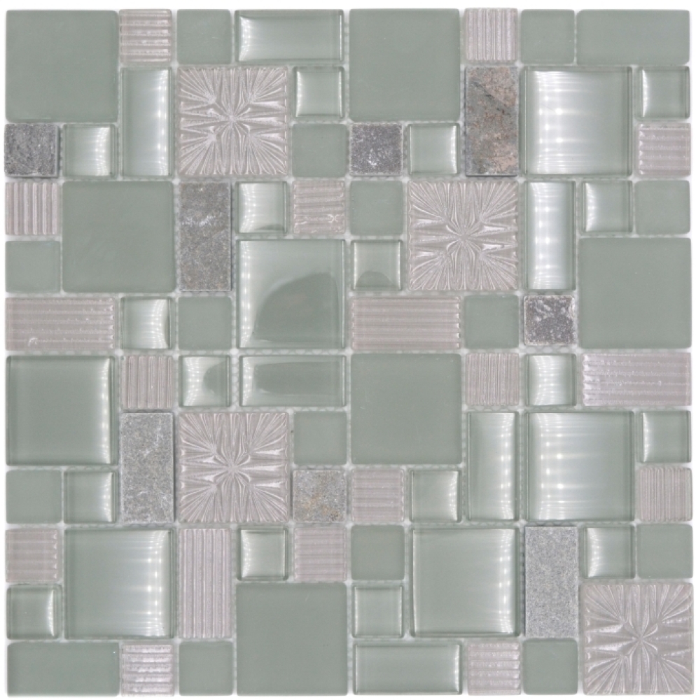 Naturstein Glasmosaik Mosaikfliesen klar grau anthrazit graugrün Struktur Fliesenspiegel Bad Küche - 88-MC669
