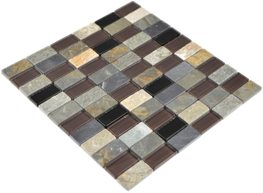 Mosaik Rechteck Glasmosaik Stein mix Mix Transluzent Kreuzverbandoptik beige braun grau schwarz glänzend