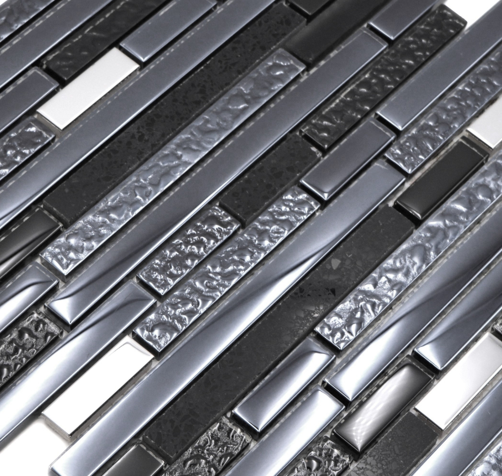 Mosaikfliesen Materialmix-Mosaik Stäbchen Riemchen Edelstahl Artificial Schwarz anthrazit Grafit