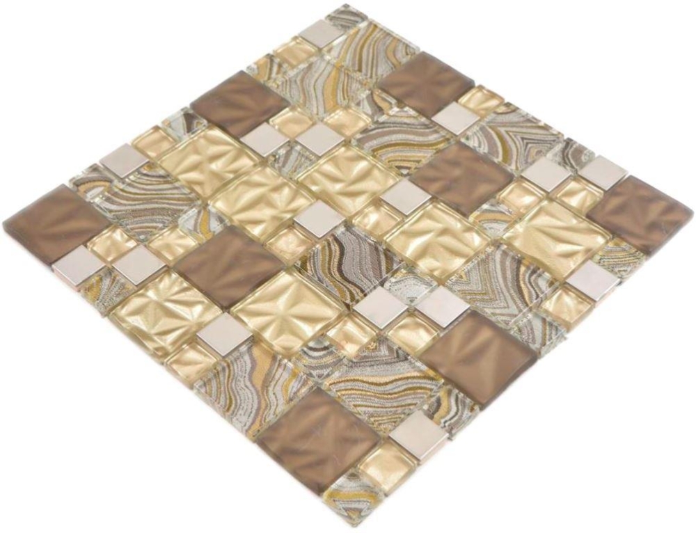 Combinacion de azulejos de mosaico de vidrio acero inoxidable oro marron beige con backsplash de azulejos de estructura - 88-1207
