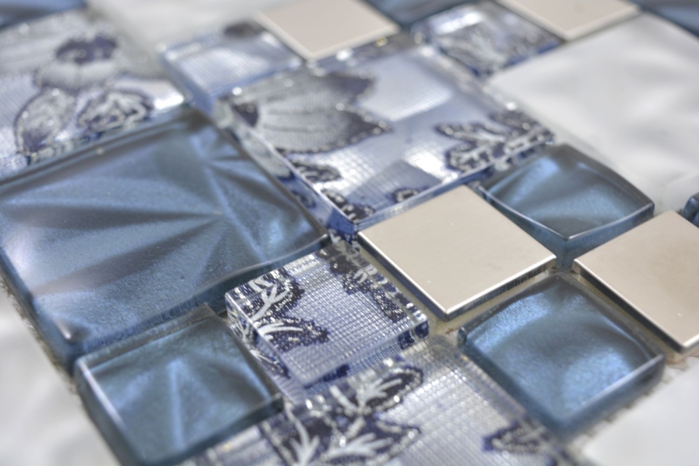 Mosaique combinaison mosaique de verre acier mix gris bleu mix translucide aspect combine brillant