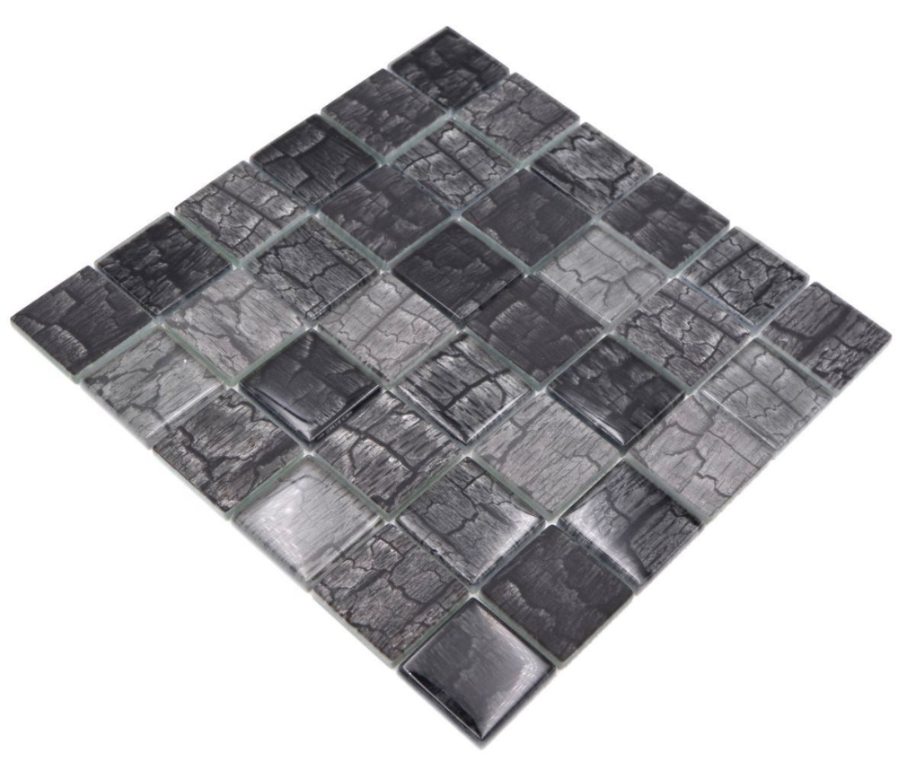 Mosaique Carre Mosaique de verre Petrified Forest black translucide aspect floral noir brillant
