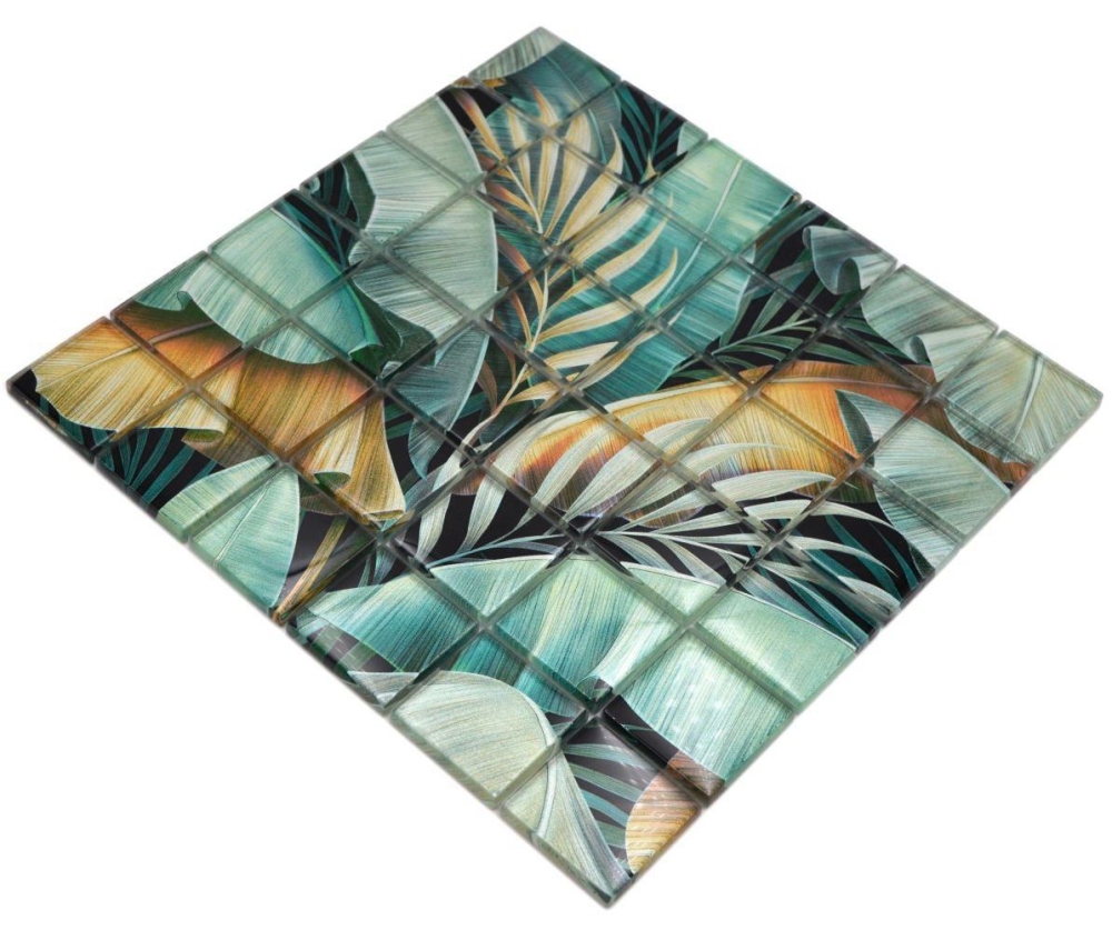 Mosaique Carre Mosaique de verre Rain Forest mix green brown translucide aspect floral vertn brun brillant