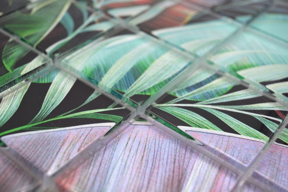 Mosaique carree Mosaique de verre Rain Forest mix green purple translucide aspect floral vertbrillant
