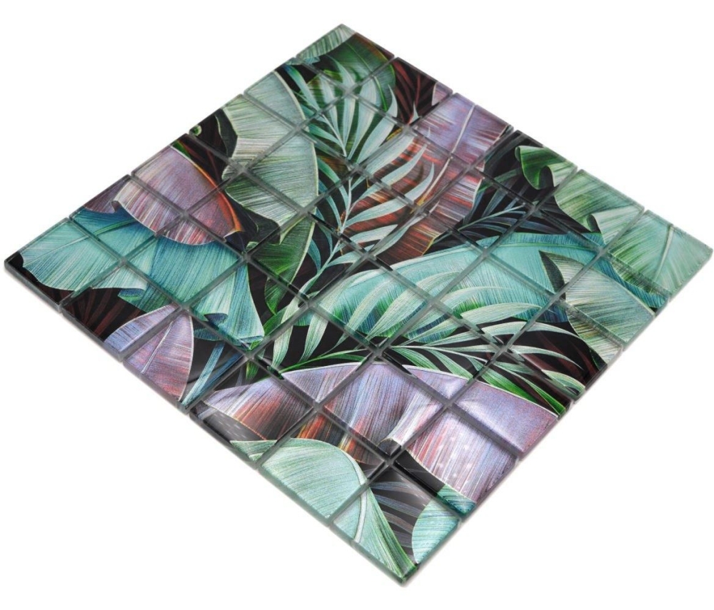Mosaique carree Mosaique de verre Rain Forest mix green purple translucide aspect floral vertbrillant