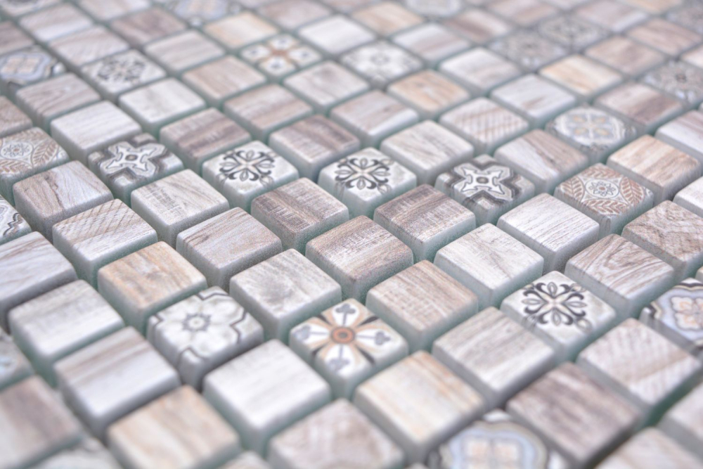 Mosaik Quadrat Glasmosaik Retro wood brown light Transluzent Holzoptik hellbraun matt