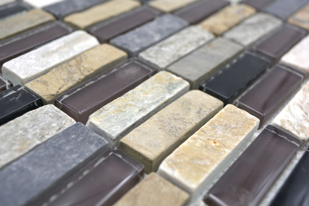 Piezas de mosaico Mezcla de piedras de mosaico de vidrio Aspecto translucido en cruz beige marron gris negro brillante