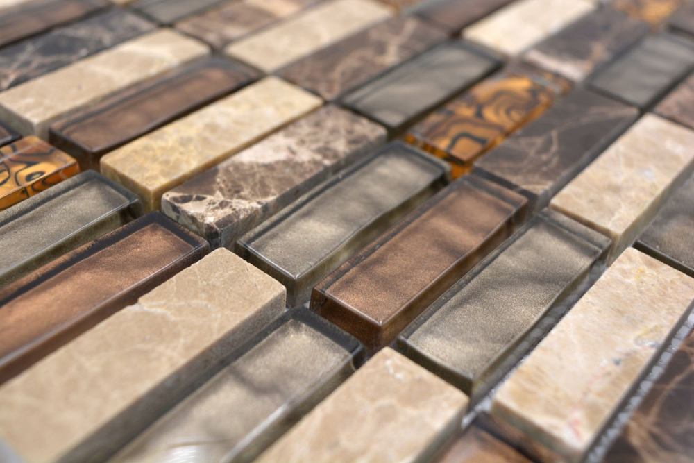 Piezas de mosaico de vidrio mosaico de piedra mezcla de color beige mezcla de color marron translucido cross-bond mirada brillante