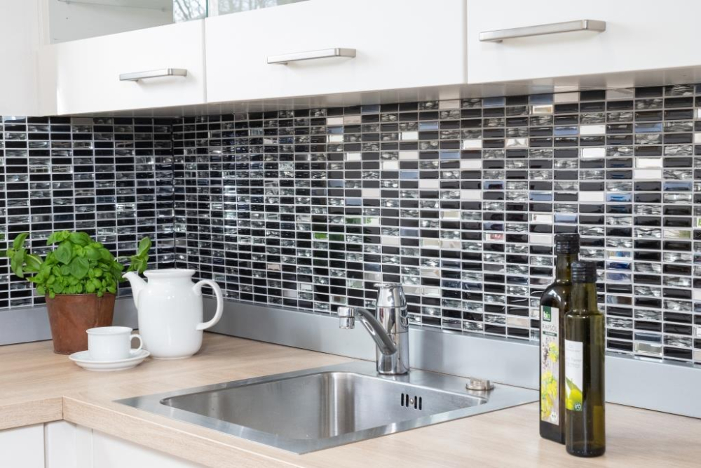 Mosaique de verre baguettes acier inoxydable noir argent graphite carreaux - 87-0301