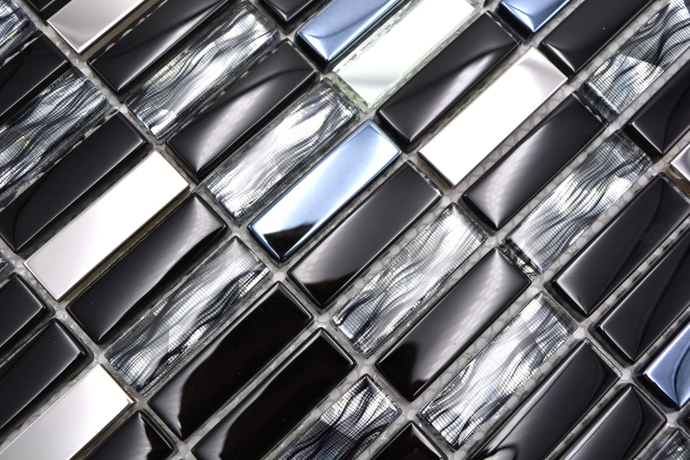 Mosaique de verre baguettes acier inoxydable noir argent graphite carreaux - 87-0301