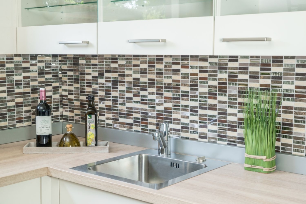 Mosaique rectangle Mosaique de verre Artificial Stein Alu EP mix beige marron Mix Translucide Composite aluminium aspect croise argent noir mat