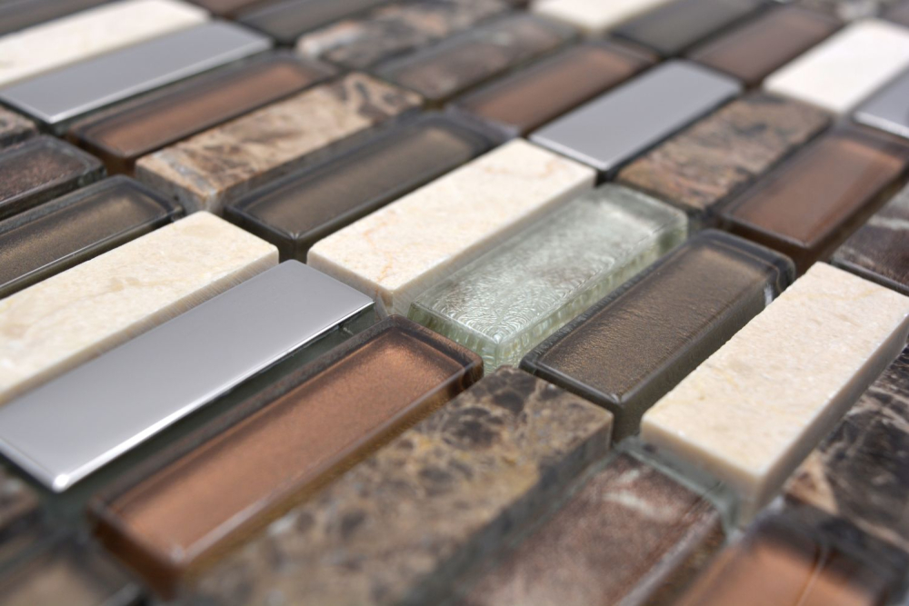 Mosaico rectangulo de vidrio mosaico de piedra mezcla marron translucido cruzado mirada de plata brillante