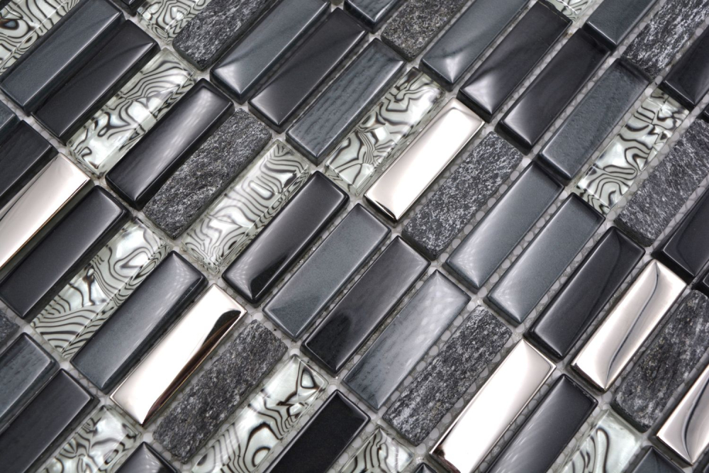 Mosaique rectangle mosaique de verre pierre mix noir mix translucide aspect croise argent gris brillant
