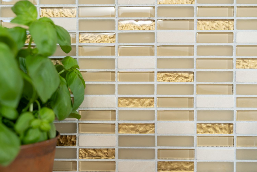 Mosaik Stäbchen Glasmosaik Stein mix weiß matt gold Mix Transluzent Kreuzverbandoptik glänzend