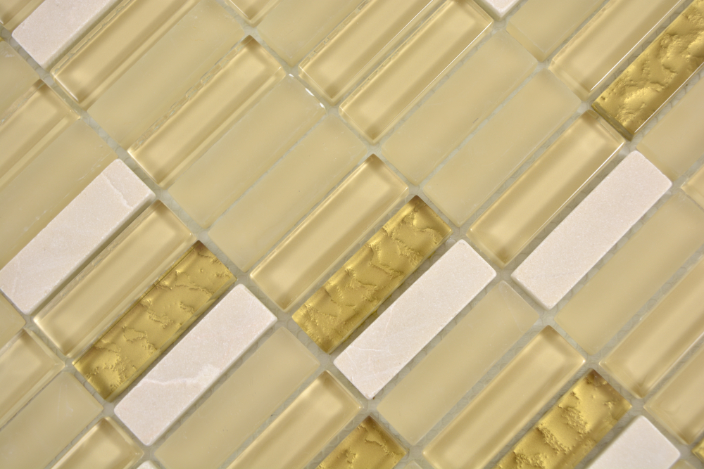 Mosaik Stäbchen Glasmosaik Stein mix weiß matt gold Mix Transluzent Kreuzverbandoptik glänzend