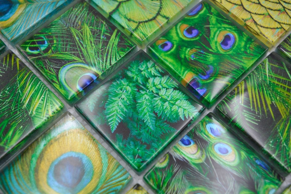 Mosaico cuadrado de vidrio mosaico vida silvestre verde translucido mirada verde brillante