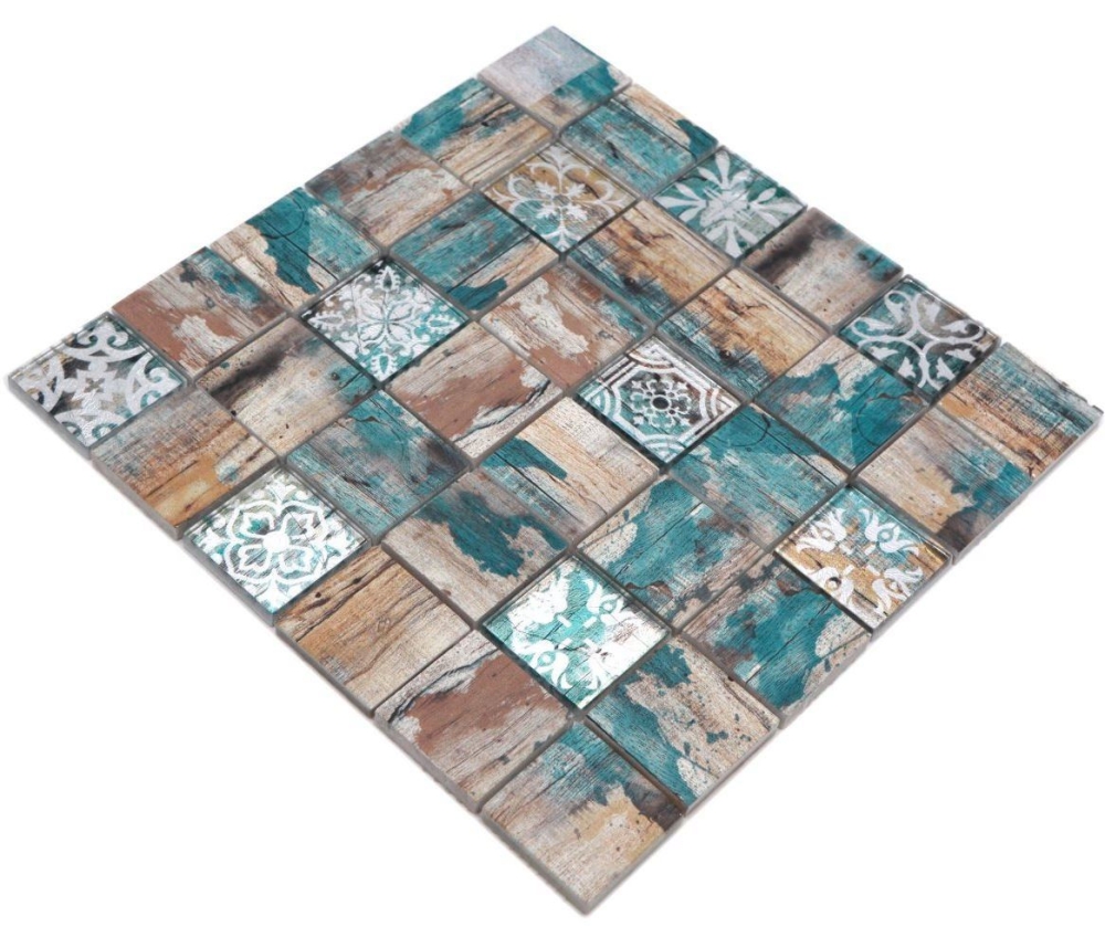 Mosaico quadrato in vetro mix beige petrolio traslucido opaco