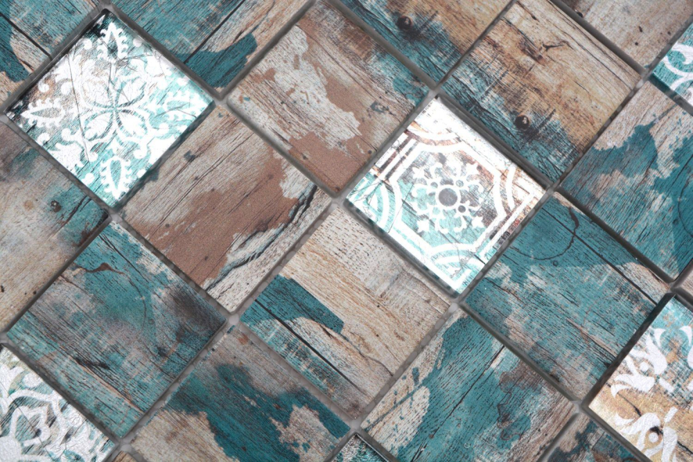 Mosaico quadrato in vetro mix beige petrolio traslucido opaco