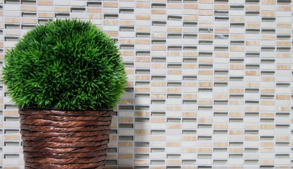 Riemchen Rechteck Mosaikfliesen Glasmosaik Stäbchen mini beige creme goldbeige Naturstein Küchenrückwand Bad WC Wand - 87-1412