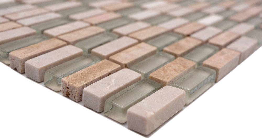 Riemchen Rechteck Mosaikfliesen Glasmosaik Stäbchen mini beige creme goldbeige Naturstein Küchenrückwand Bad WC Wand - 87-1412
