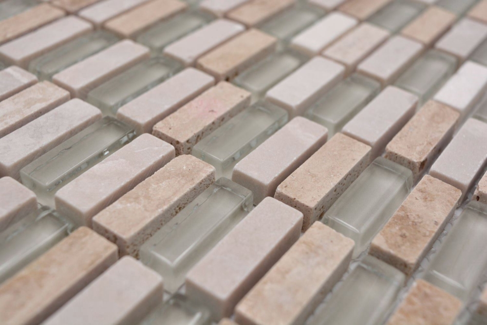 Riemchen Rechteck Mosaikfliesen Glasmosaik Stäbchen mini beige creme goldbeige Naturstein Küchenrückwand Bad WC Wand - 87-1412