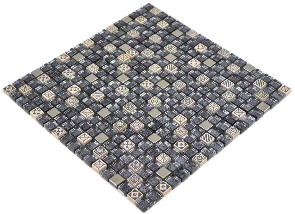 Mosaique carre Mosaique de verre pierre mix blanc argent noir structure mix translucide aspect relief brillant