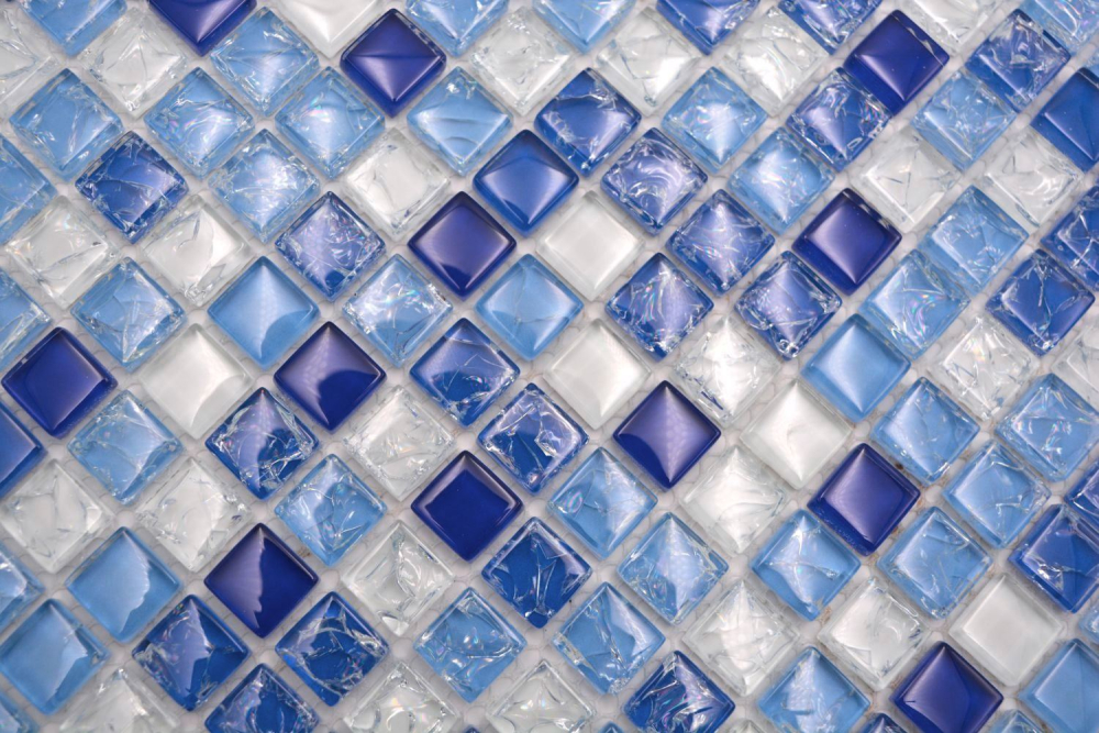 Mosaik Quadrat Glasmosaik mix white blue Transluzent weiß blau glänzend