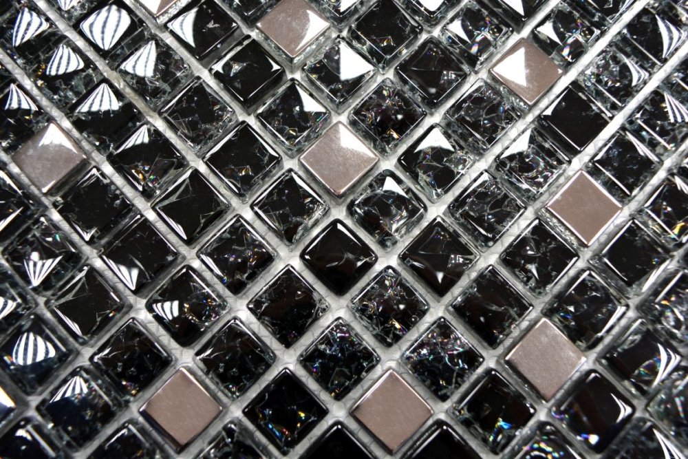 Azulejo de mosaico de vidrio negro plata acero inoxidable revestimiento de pared cuarto de bano WC - 92-1099