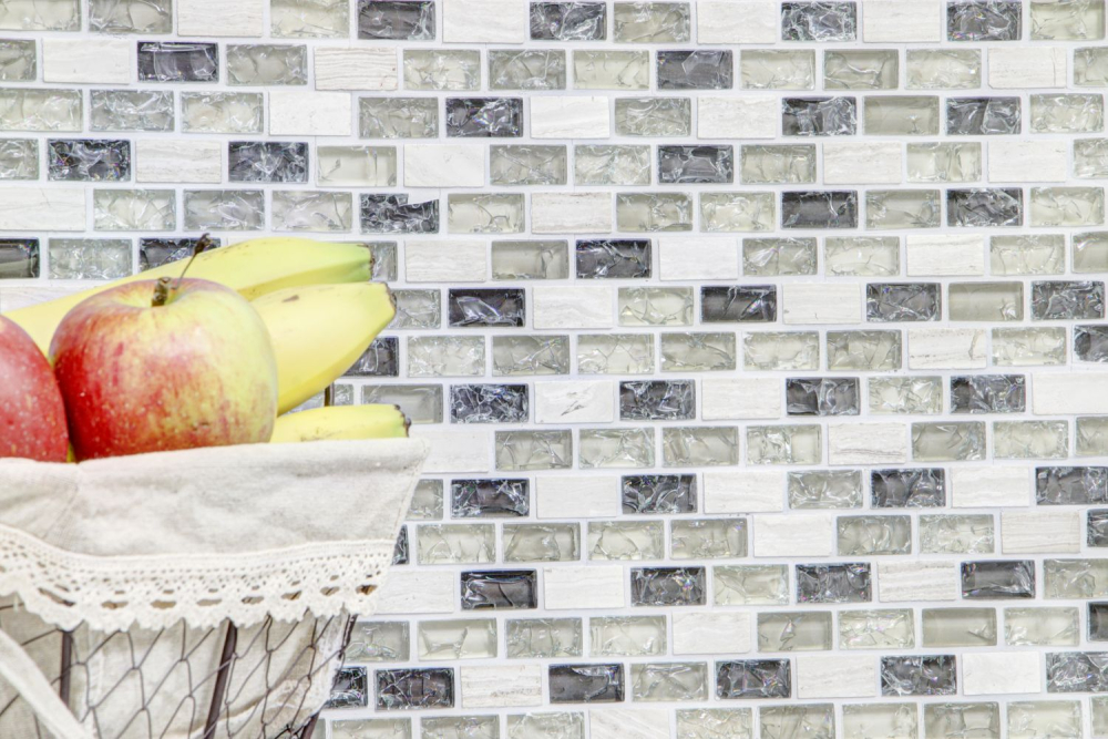 Mosaique Brick Mosaique de verre Pierre mix gris-vert Mix translucide aspect maconnerie brillant