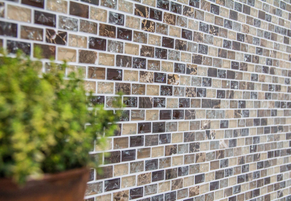 Mosaique Brick Mosaique de verre Pierre mix emperador fonce Mix translucide aspect maconnerie beige fonce brillant