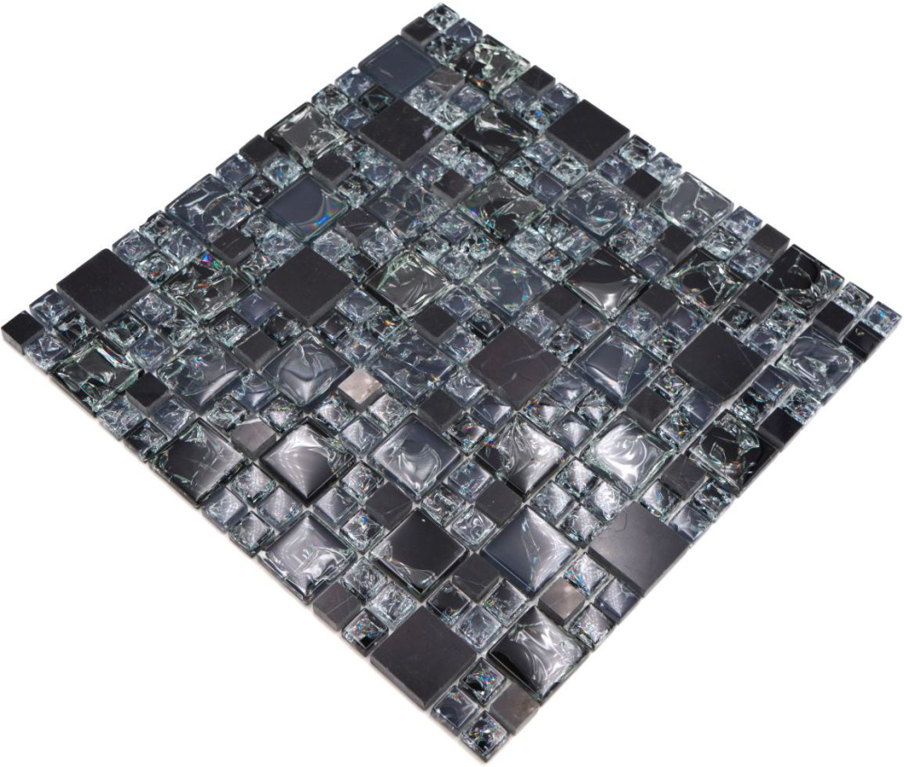 Mosaik Kombination Glasmosaik Stein mix schwarz Mix Transluzent Kombinationsoptik glänzend