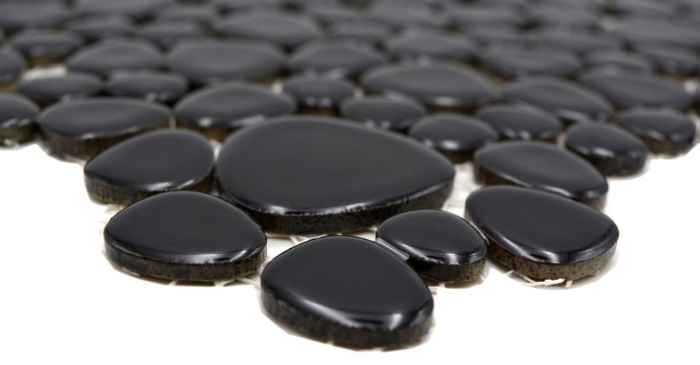 Kieselmosaik Drops schwarz glänzend Keramiksteine Mosaiksteine Duschboden Duschwand 12-0302